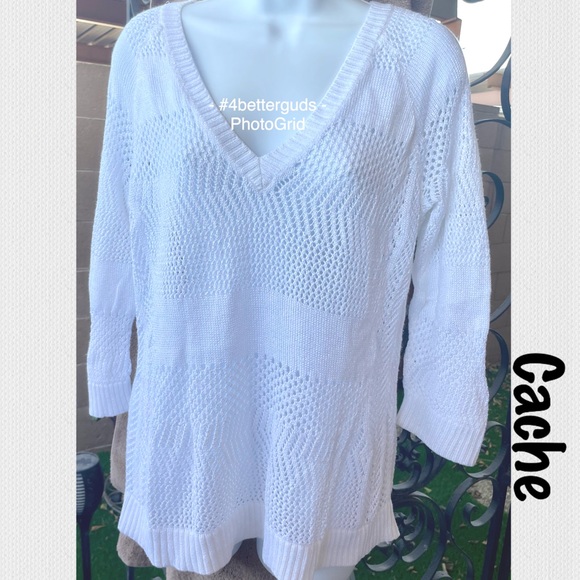 Cache Open Weave See Through Deep V Front & Back Cotton Blend Sweater Top LG - Picture 13 of 13